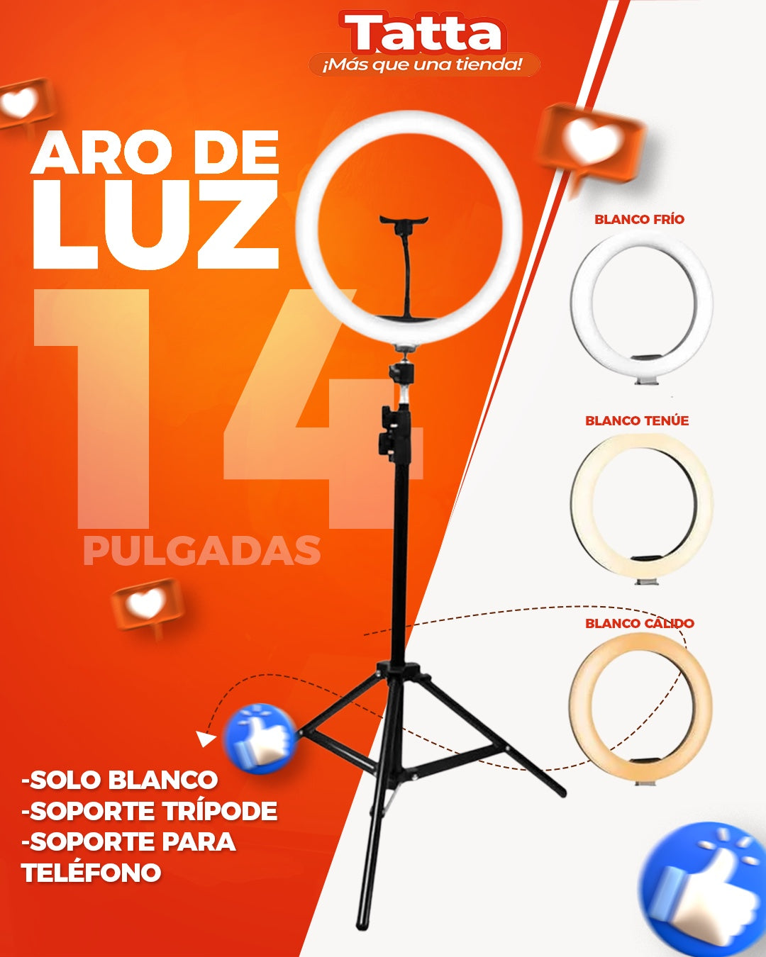 Aro de luz 10" 14" 18" 22" con tripode 210cm