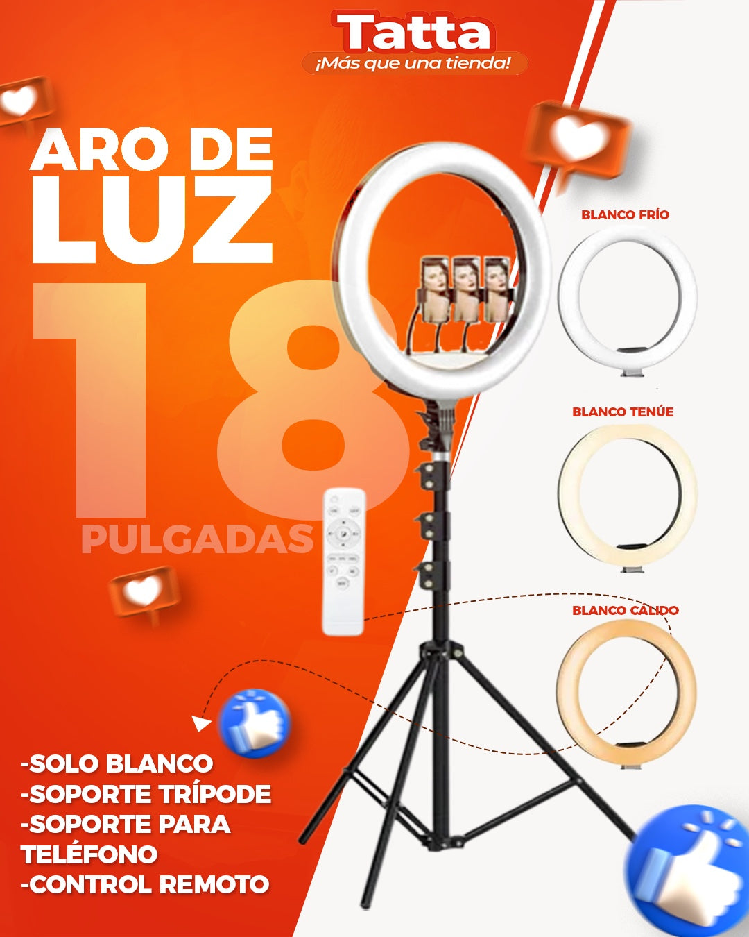 Aro de luz 10" 14" 18" 22" con tripode 210cm