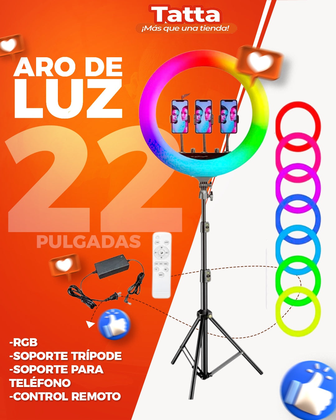 Aro de luz 10" 14" 18" 22" con tripode 210cm